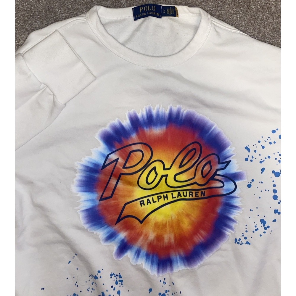 Polo Ralph Lauren Splatter Pattern Tie Dye Mens XL White Pullover Sweater Fleece
